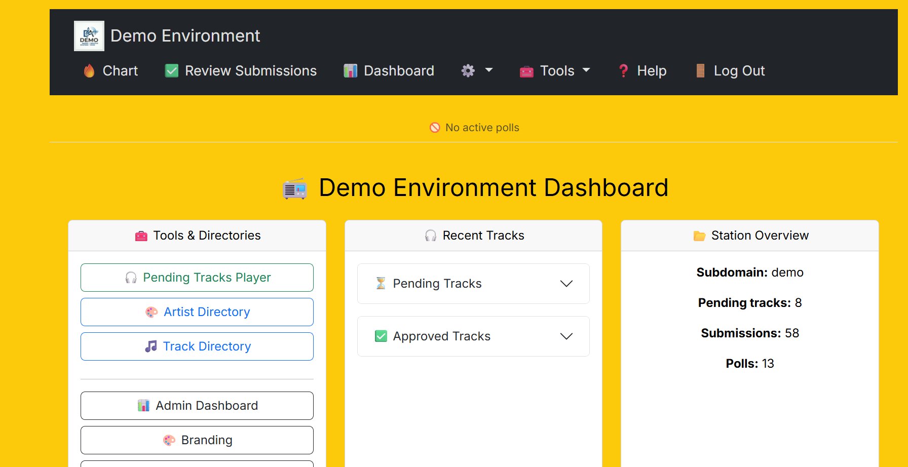 The dashboard of a station's own branded Top40Poll site, with tools and directories, recent pending and approved tracks, and an overview of submissions and polls