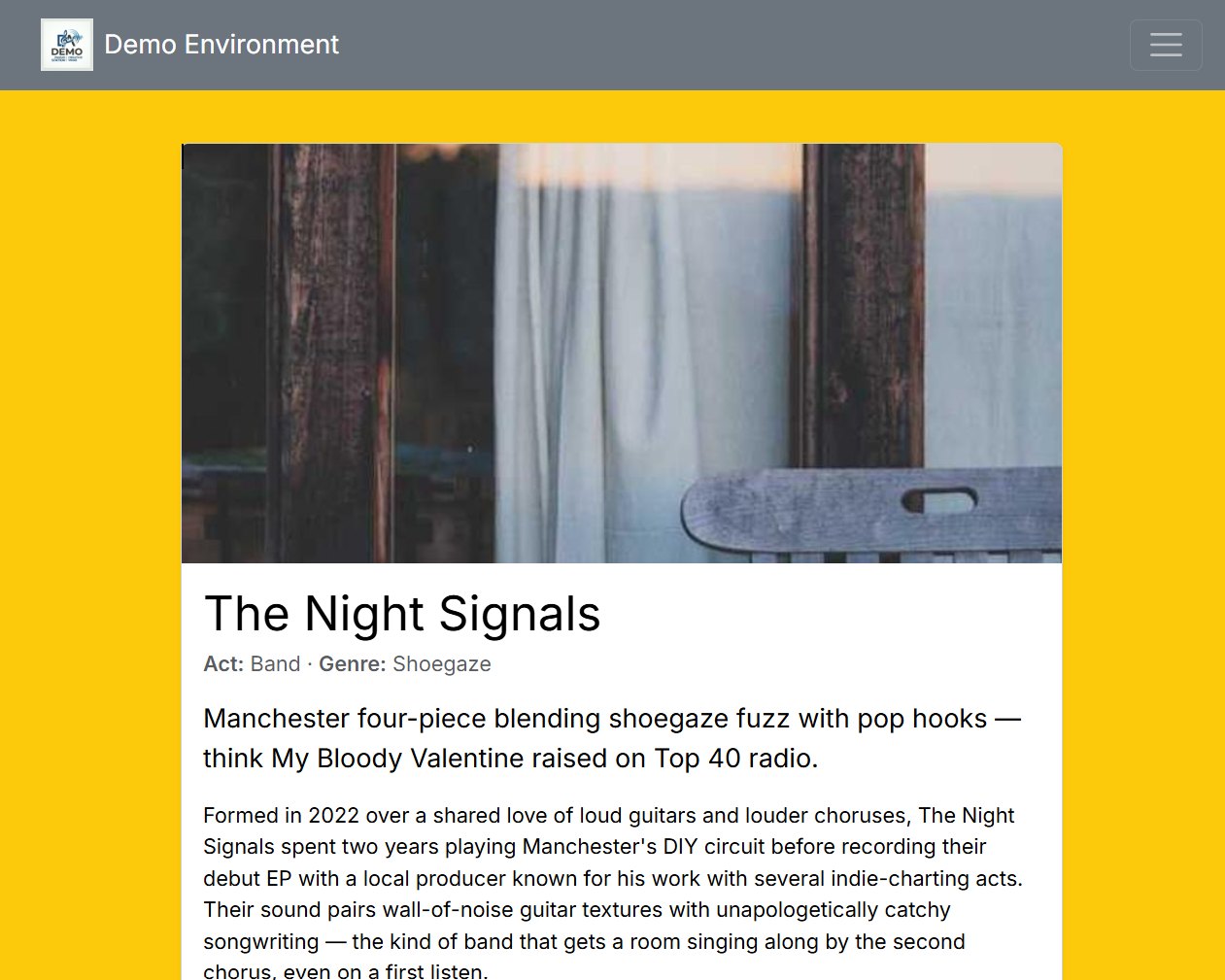 An electronic press kit for a band, The Night Signals: a photo, the act and genre, a one-line pitch and a biography