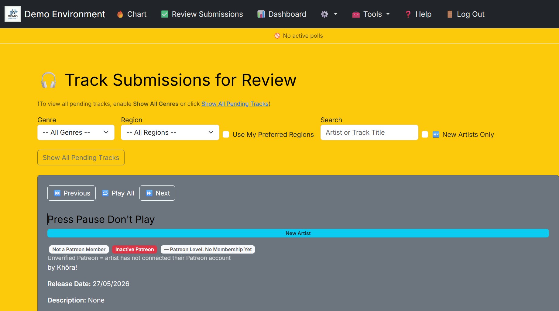 The station’s review queue, Track Submissions for Review, with filters for genre, region and new artists, and a player to listen to each submission in turn